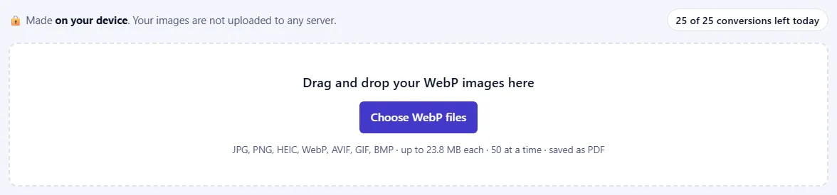 The upload box with a Choose button and the list of accepted formats, and a counter of conversions left today.
