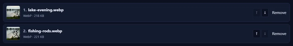 A numbered list of pictures with up and down arrow buttons and a Remove link on each.