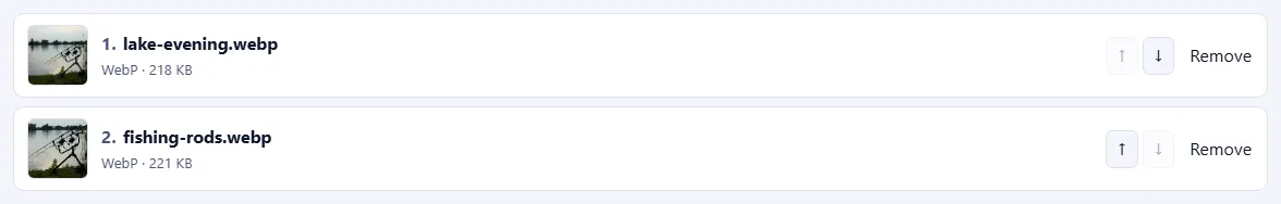 A numbered list of pictures with up and down arrow buttons and a Remove link on each.