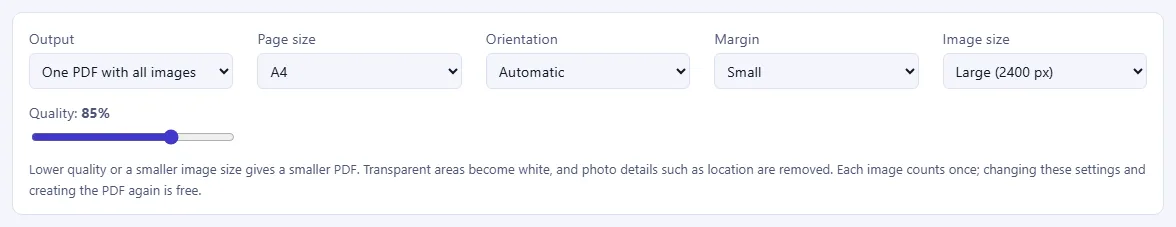 The PDF settings: Output, Page size, Orientation, Margin, Image size and a Quality slider.