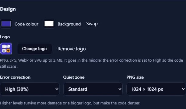 The Design section with the code and background colour pickers, the Add a logo button, and the error correction, quiet zone and PNG size menus.