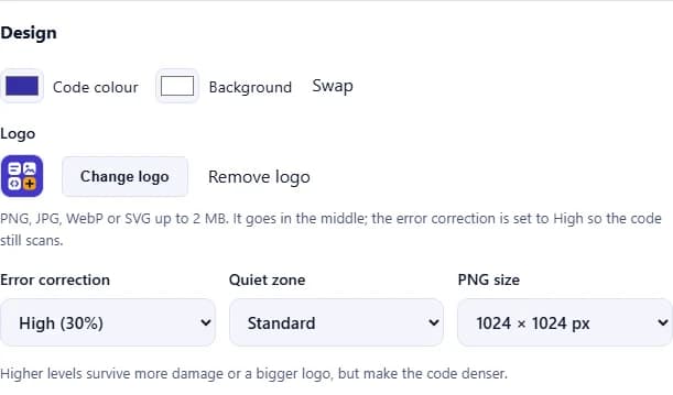 The Design section with the code and background colour pickers, the Add a logo button, and the error correction, quiet zone and PNG size menus.