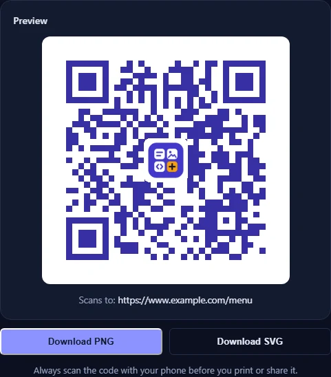 The QR code preview with Download PNG and Download SVG buttons and a reminder to test the code with a phone.