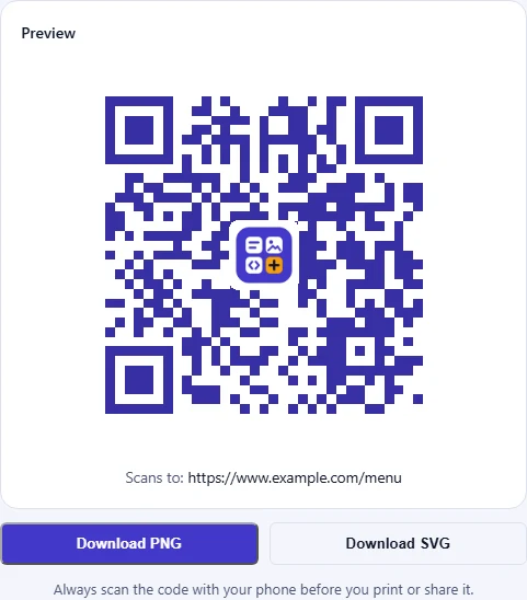 The QR code preview with Download PNG and Download SVG buttons and a reminder to test the code with a phone.