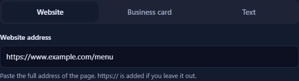The Website tab with a web address typed into the Website address box.