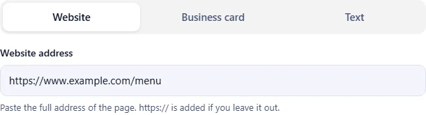The Website tab with a web address typed into the Website address box.