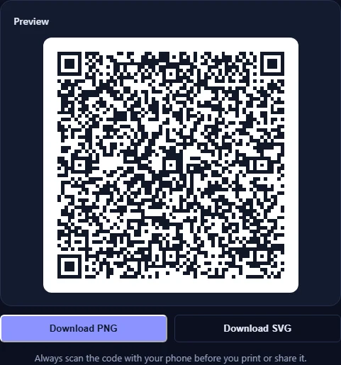 The QR code preview with Download PNG and Download SVG buttons and a reminder to test the code with a phone.