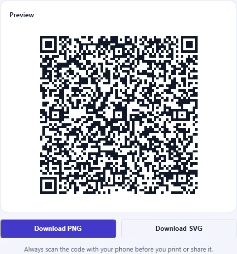 The QR code preview with Download PNG and Download SVG buttons and a reminder to test the code with a phone.