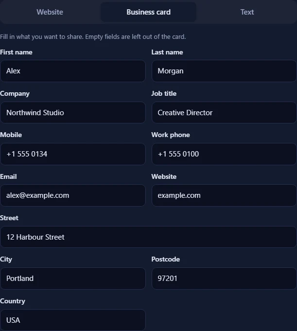 The Business card tab with name, company, job title, phone, email, website and address fields filled in.