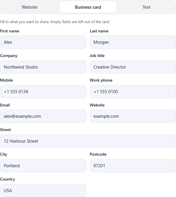 The Business card tab with name, company, job title, phone, email, website and address fields filled in.