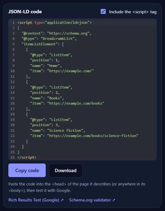 The JSON-LD code for the BreadcrumbList, with the Copy code and Download buttons and links to Google's Rich Results Test and the Schema.org validator.