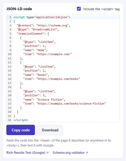 The JSON-LD code for the BreadcrumbList, with the Copy code and Download buttons and links to Google's Rich Results Test and the Schema.org validator.