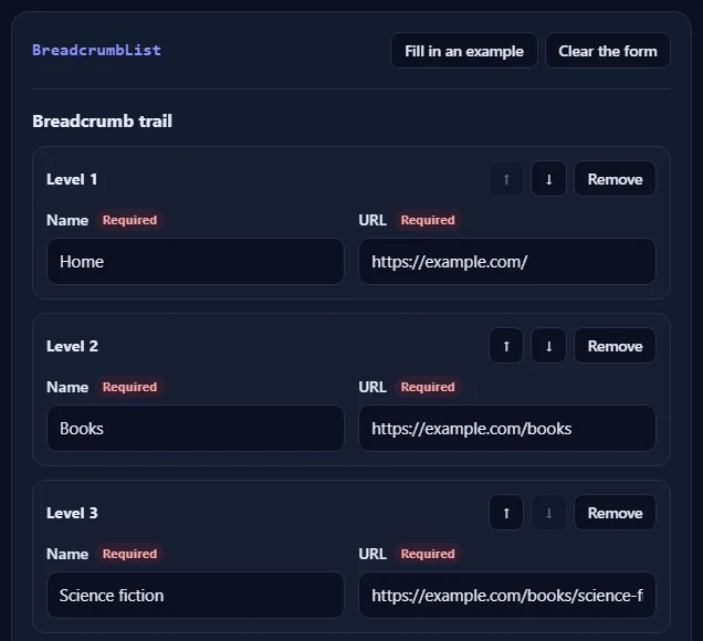 The BreadcrumbList form filled in with an example.