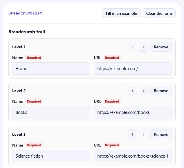 The BreadcrumbList form filled in with an example.