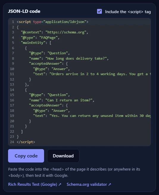The JSON-LD code for the FAQPage, with the Copy code and Download buttons and links to Google's Rich Results Test and the Schema.org validator.
