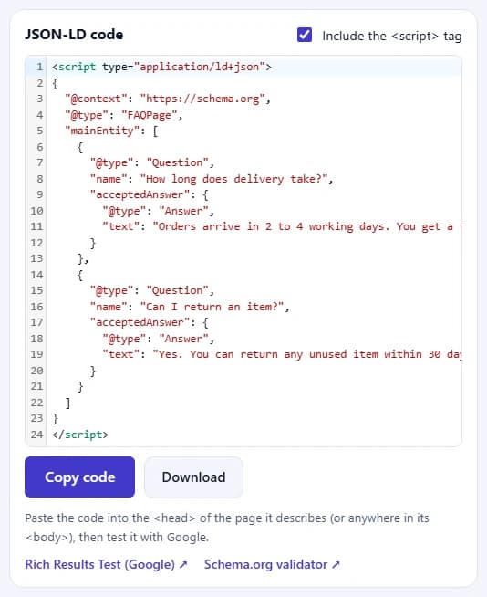 The JSON-LD code for the FAQPage, with the Copy code and Download buttons and links to Google's Rich Results Test and the Schema.org validator.