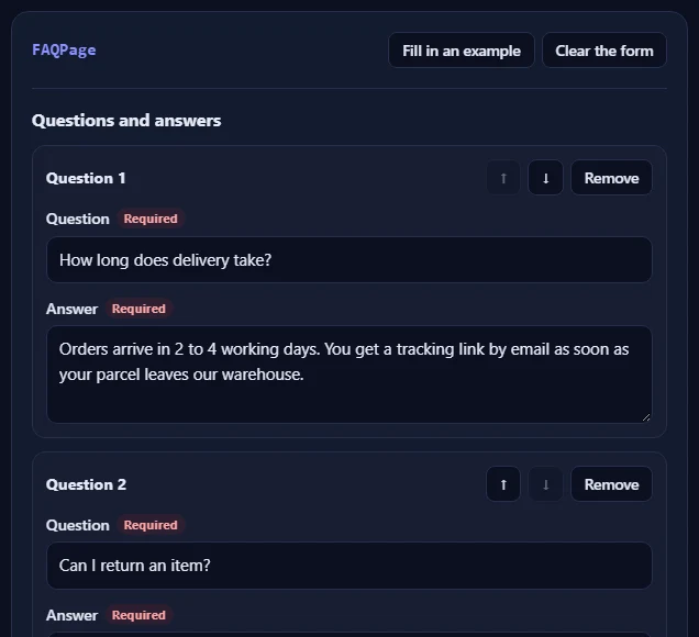 The FAQPage form filled in with an example.