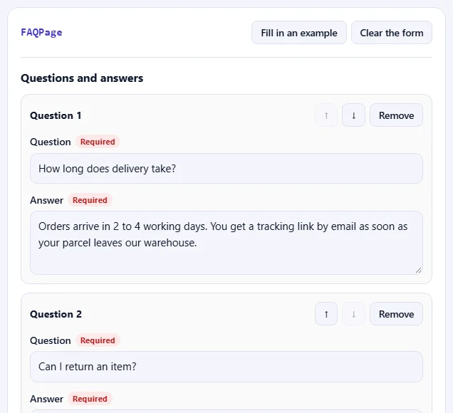 The FAQPage form filled in with an example.