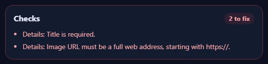 The Checks box listing problems to fix and suggestions.