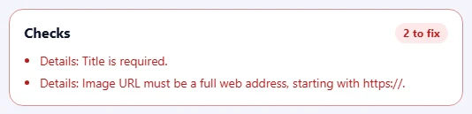 The Checks box listing problems to fix and suggestions.
