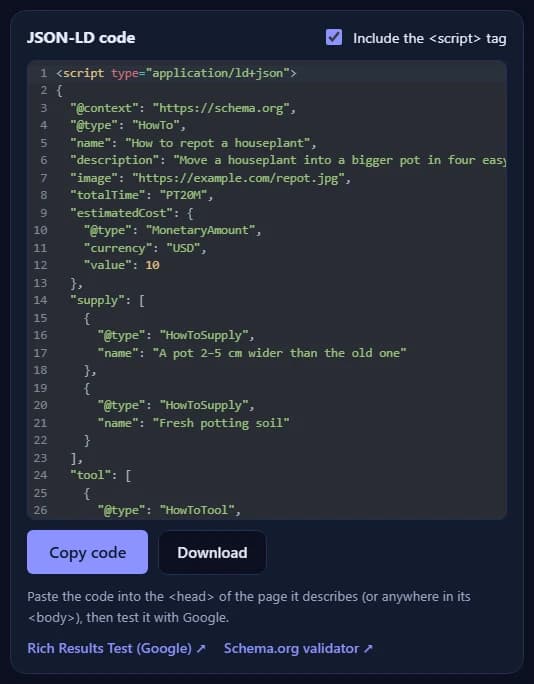 The JSON-LD code for the HowTo, with the Copy code and Download buttons and links to Google's Rich Results Test and the Schema.org validator.