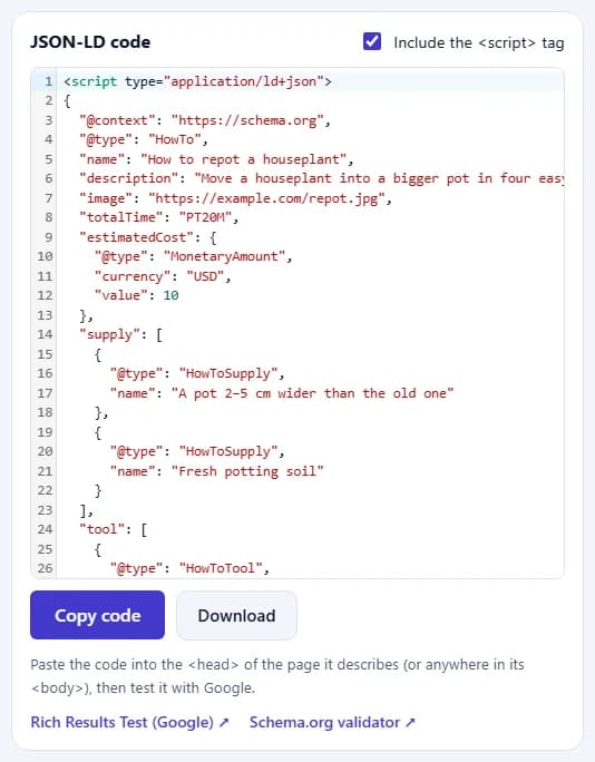 The JSON-LD code for the HowTo, with the Copy code and Download buttons and links to Google's Rich Results Test and the Schema.org validator.