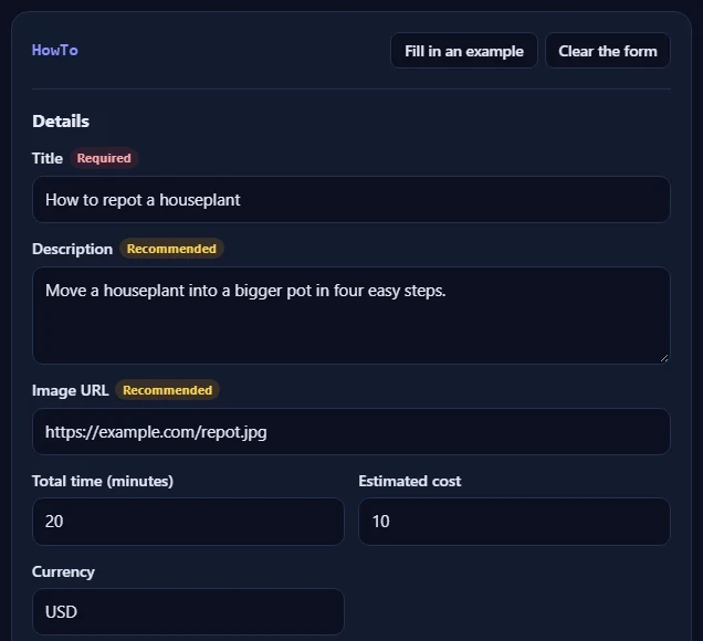 The HowTo form filled in with an example.