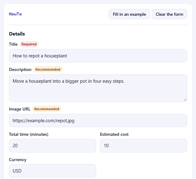 The HowTo form filled in with an example.