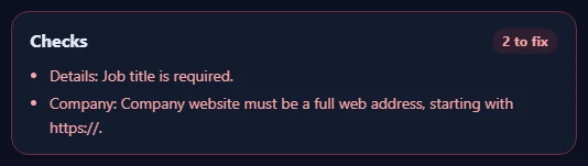 The Checks box listing problems to fix and suggestions.