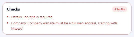 The Checks box listing problems to fix and suggestions.