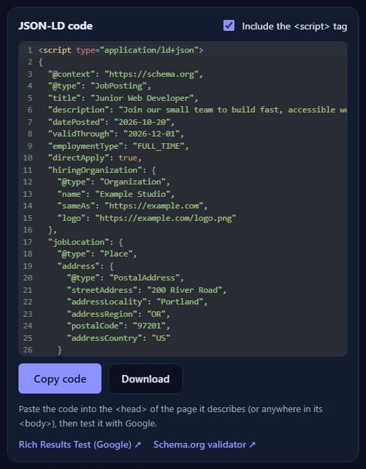 The JSON-LD code for the JobPosting, with the Copy code and Download buttons and links to Google's Rich Results Test and the Schema.org validator.
