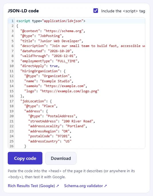 The JSON-LD code for the JobPosting, with the Copy code and Download buttons and links to Google's Rich Results Test and the Schema.org validator.