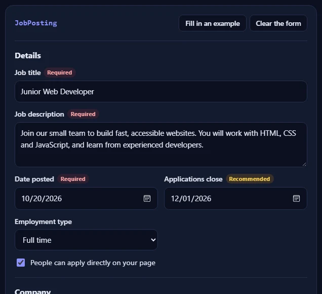 The JobPosting form filled in with an example.