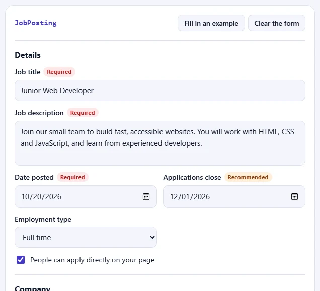 The JobPosting form filled in with an example.