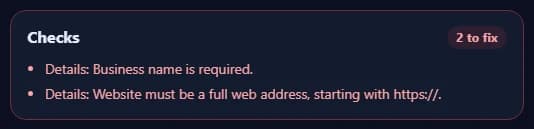 The Checks box listing problems to fix and suggestions.