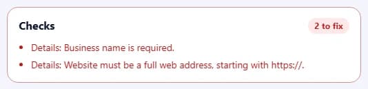 The Checks box listing problems to fix and suggestions.