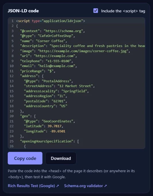 The JSON-LD code for the LocalBusiness, with the Copy code and Download buttons and links to Google's Rich Results Test and the Schema.org validator.