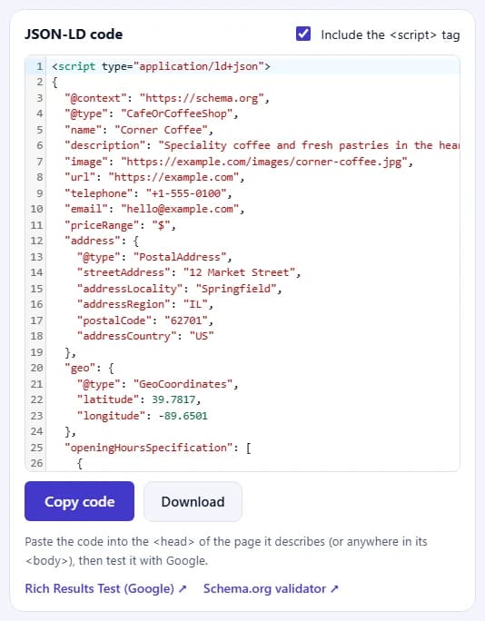 The JSON-LD code for the LocalBusiness, with the Copy code and Download buttons and links to Google's Rich Results Test and the Schema.org validator.