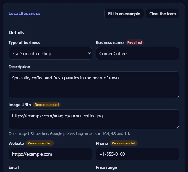 The LocalBusiness form filled in with an example.