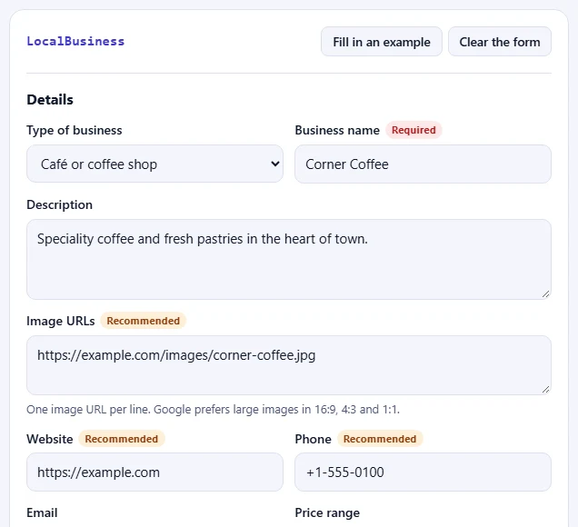 The LocalBusiness form filled in with an example.