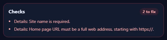 The Checks box listing problems to fix and suggestions.