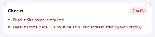The Checks box listing problems to fix and suggestions.