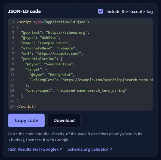 The JSON-LD code for the WebSite, with the Copy code and Download buttons and links to Google's Rich Results Test and the Schema.org validator.