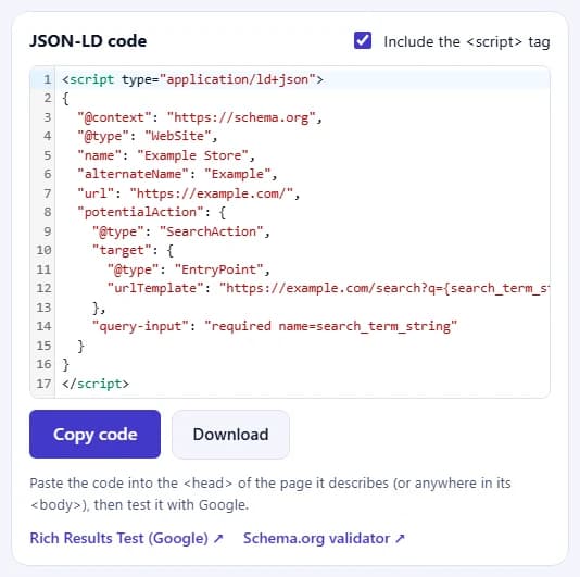 The JSON-LD code for the WebSite, with the Copy code and Download buttons and links to Google's Rich Results Test and the Schema.org validator.