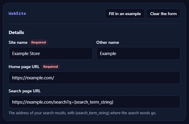 The WebSite form filled in with an example.