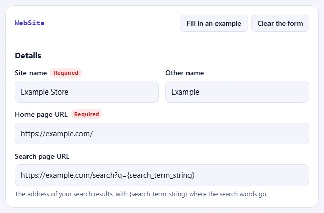 The WebSite form filled in with an example.