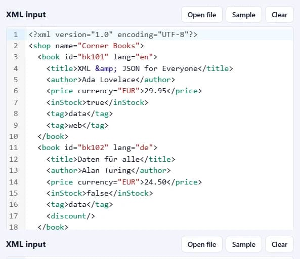 El cuadro de entrada XML con una tienda de ejemplo de dos libros y el mensaje de que el XML está bien formado.