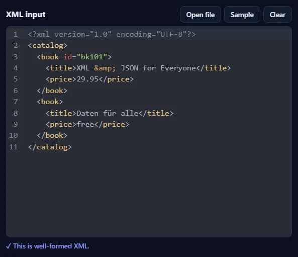 The XML input box with a small catalog of two books and the message that it is well-formed XML.