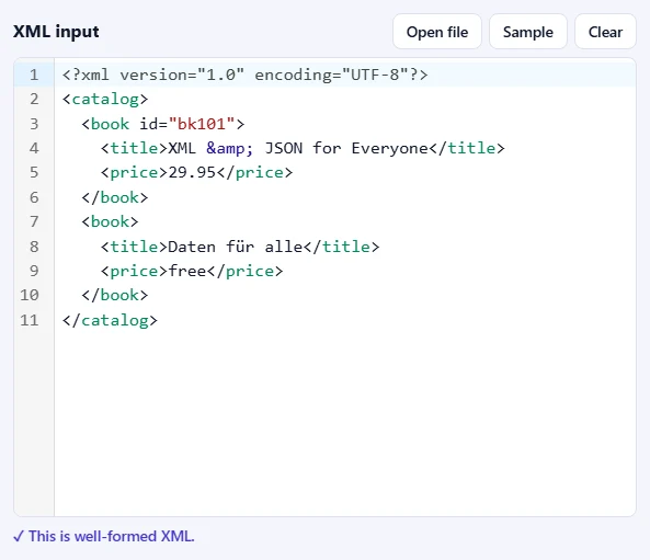 The XML input box with a small catalog of two books and the message that it is well-formed XML.