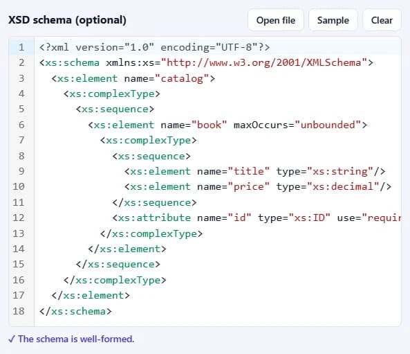 The XSD schema box with a schema that describes a catalog of books with a title, a decimal price and a required id.